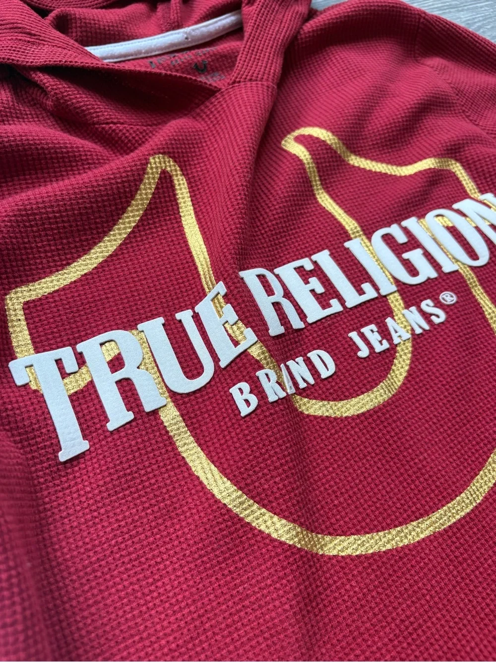 TrueReligion Maroon Hooded Sweatshirt with White Sleeve Stripes Mens extra small